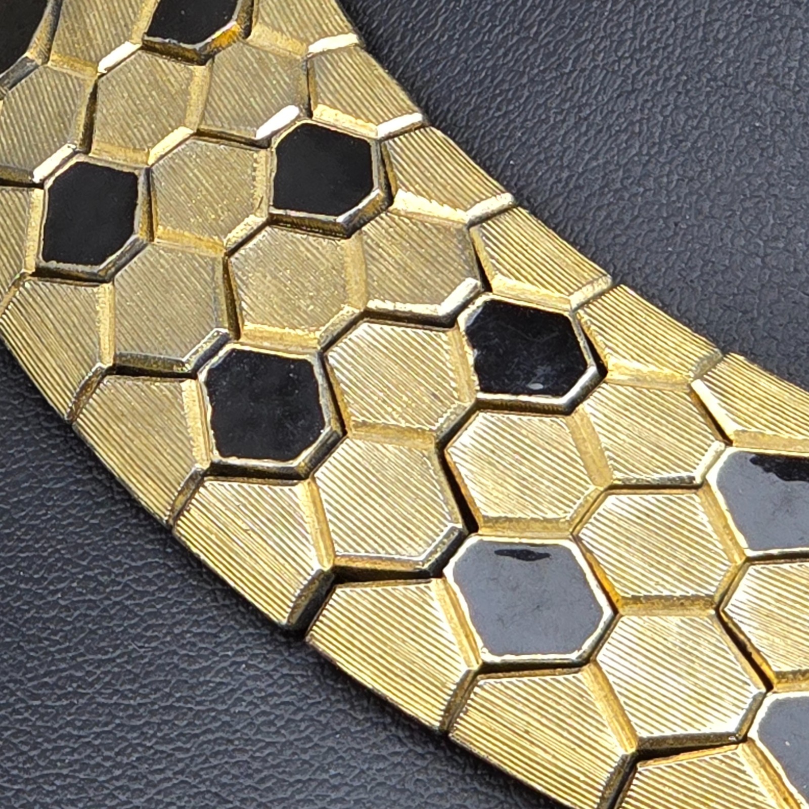 Gold Tone Necklace Serpent Scale Black Enamel Collar Honeycomb Hexagon Statement
