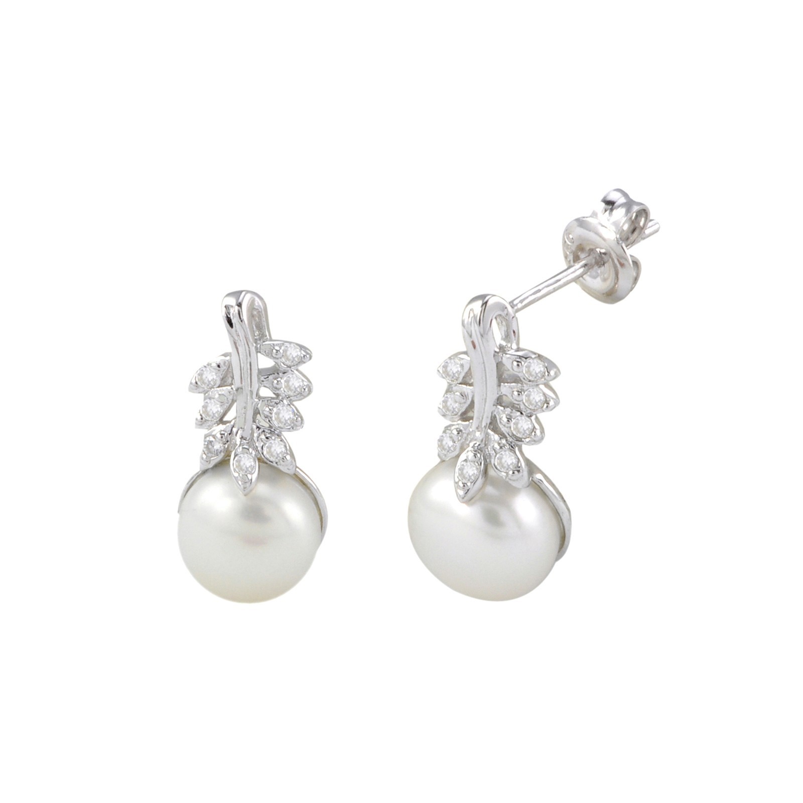 Women’s Sterling Silver Pearl Stud Earrings White Freshwater Pearls Leaf Design