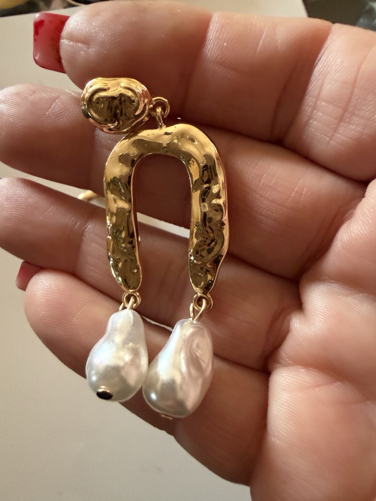 Gold-Tone Hammered Arch Statement Earrings with Faux Baroque Pearl Drops