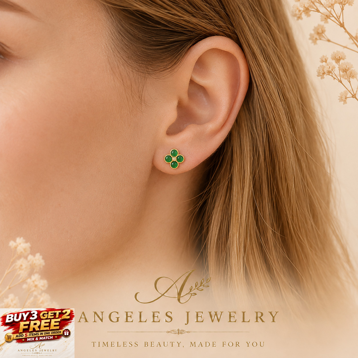Jade Four-Leaf Clover Stud Earrings Minimalist Bamboo 18K Gold Plated Gemstone