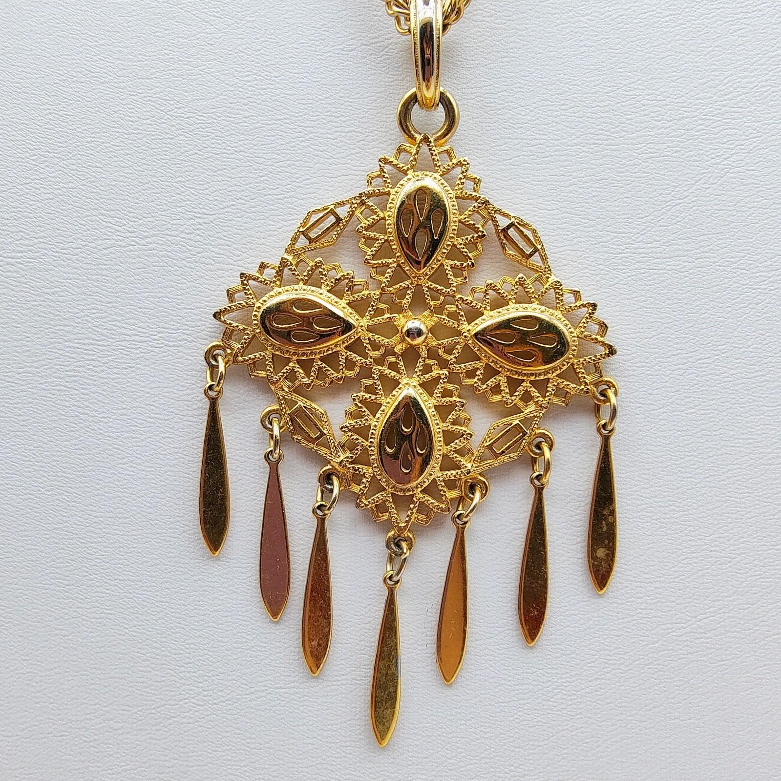 Vintage Filigree Pendant Necklace Gold Tone Victorian Revival Maximalist 70s