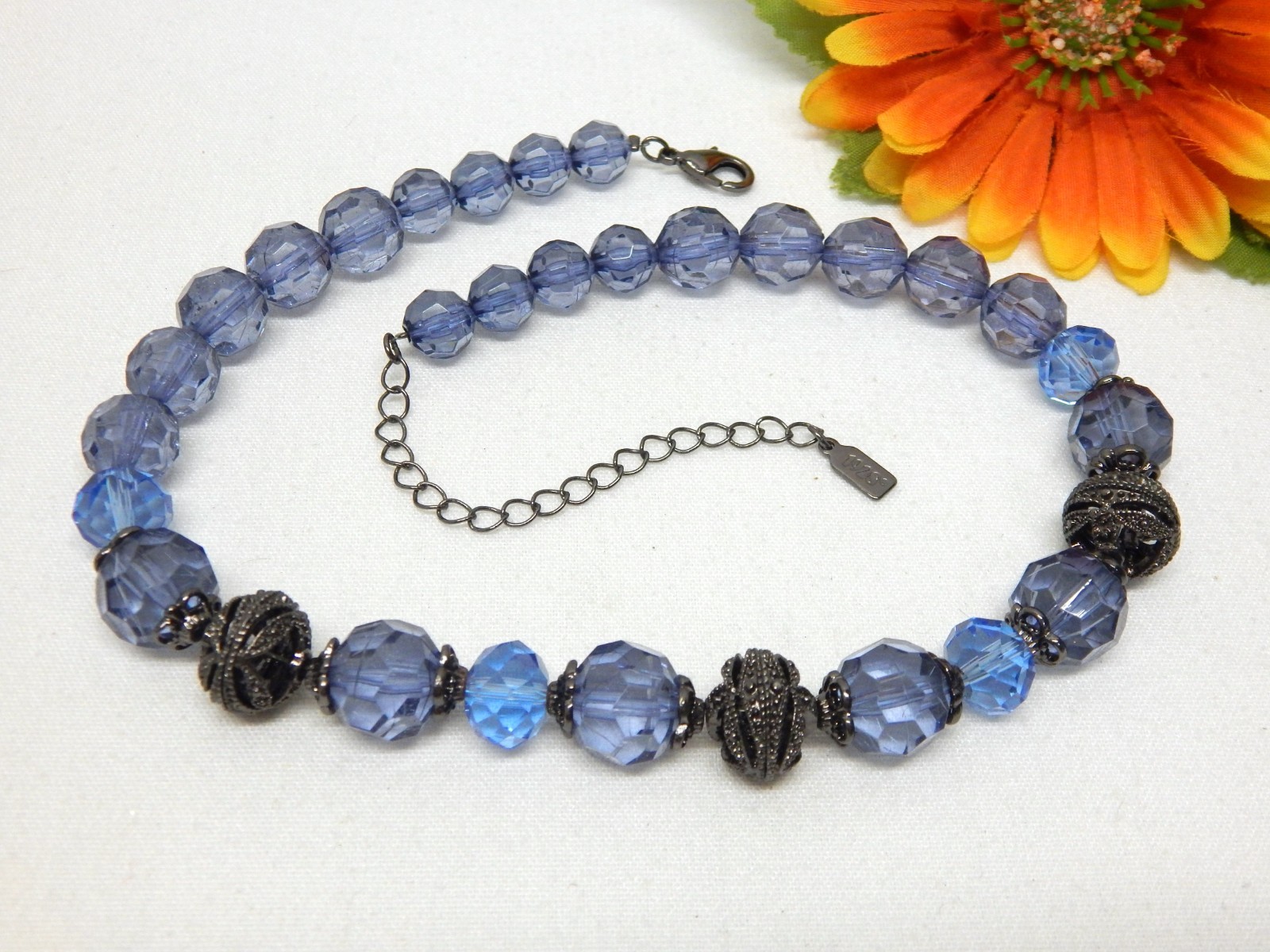 1928 Translucent Blue Acrylic Bead Necklace with Anodized Black Metalwork 19″