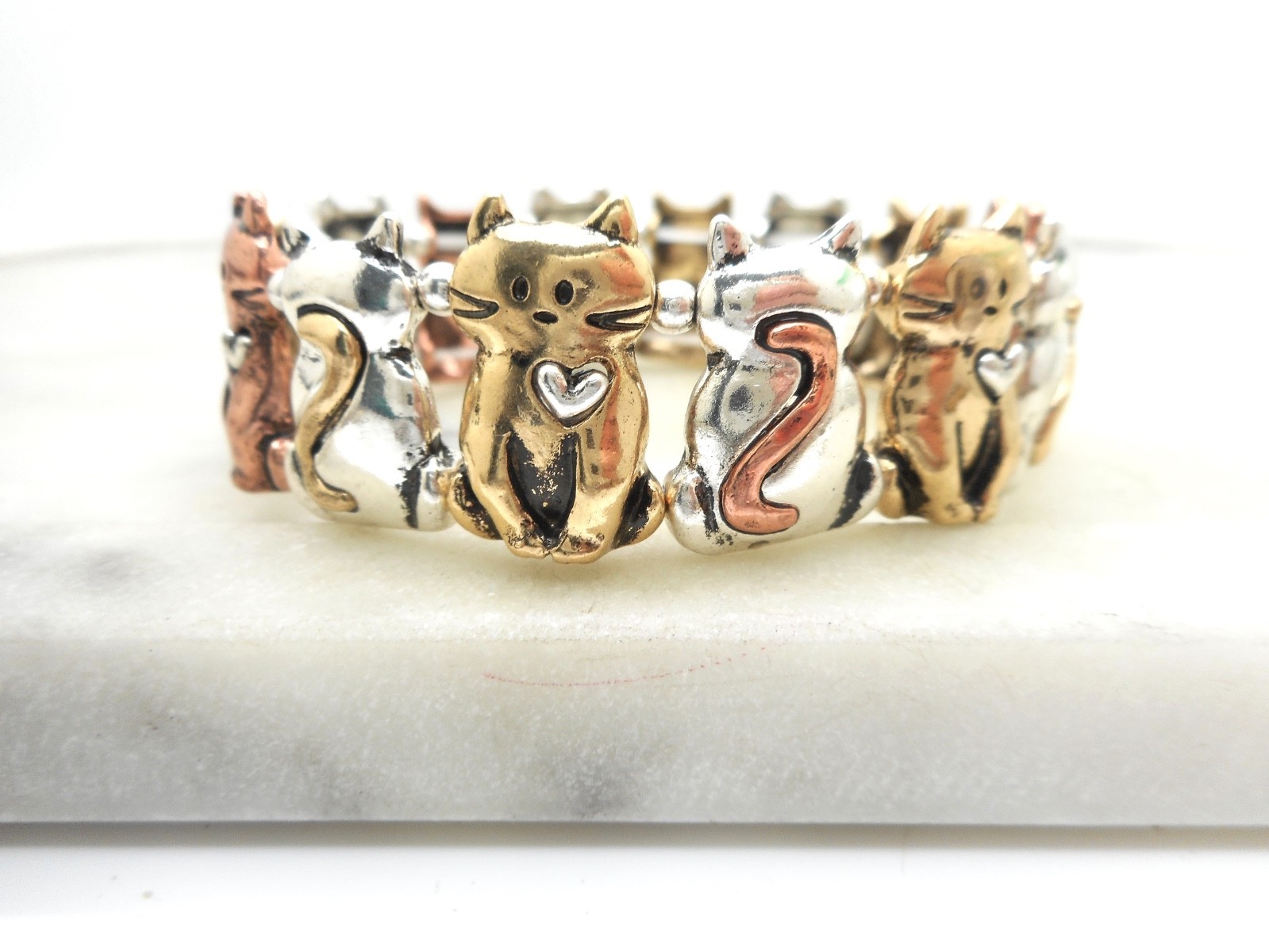 Cat Kitty Charm Bracelet Silver Plated Quality Stretch NEW 3 Tone