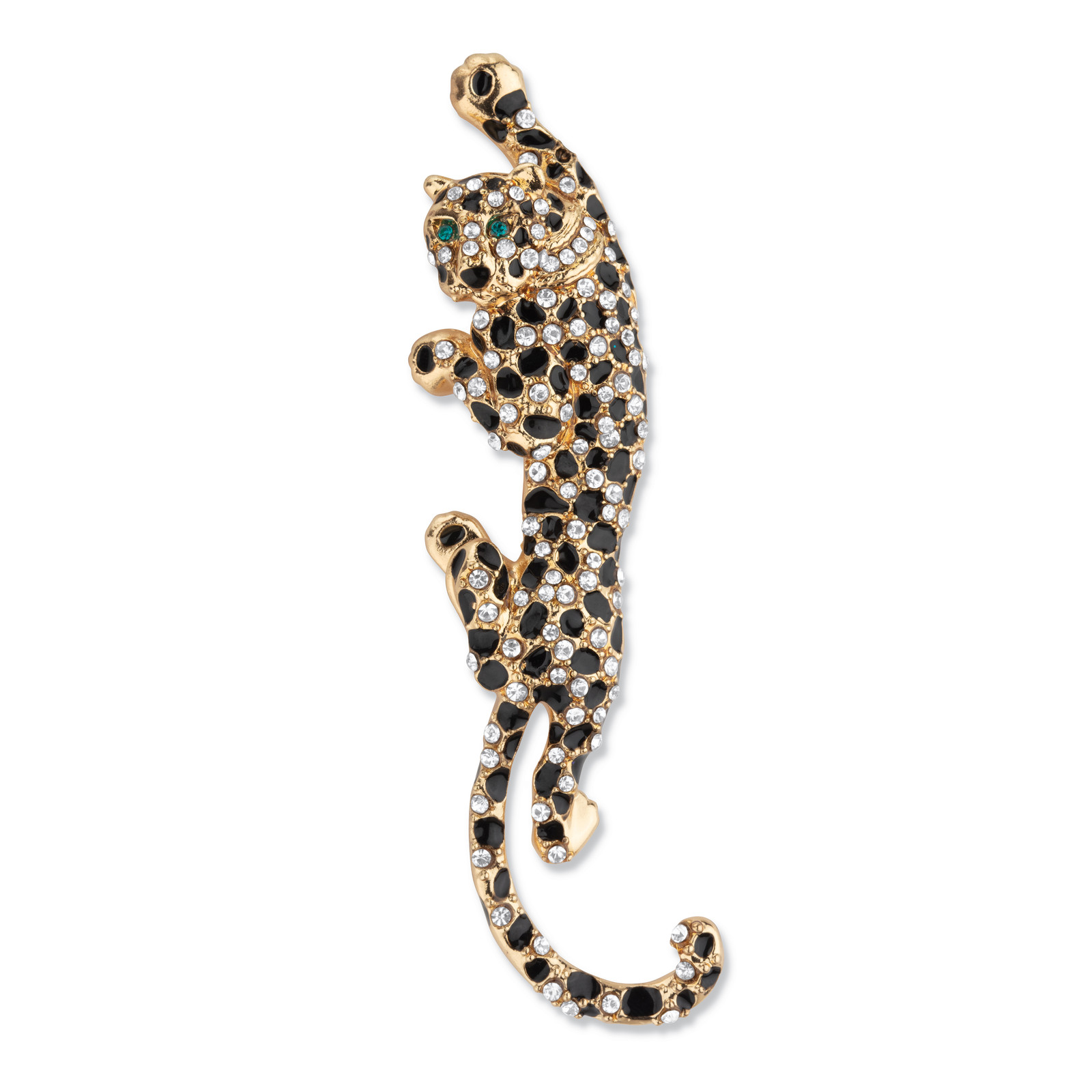Black With White & Green Crystal Leopard Pin Goldtone 4″ Length