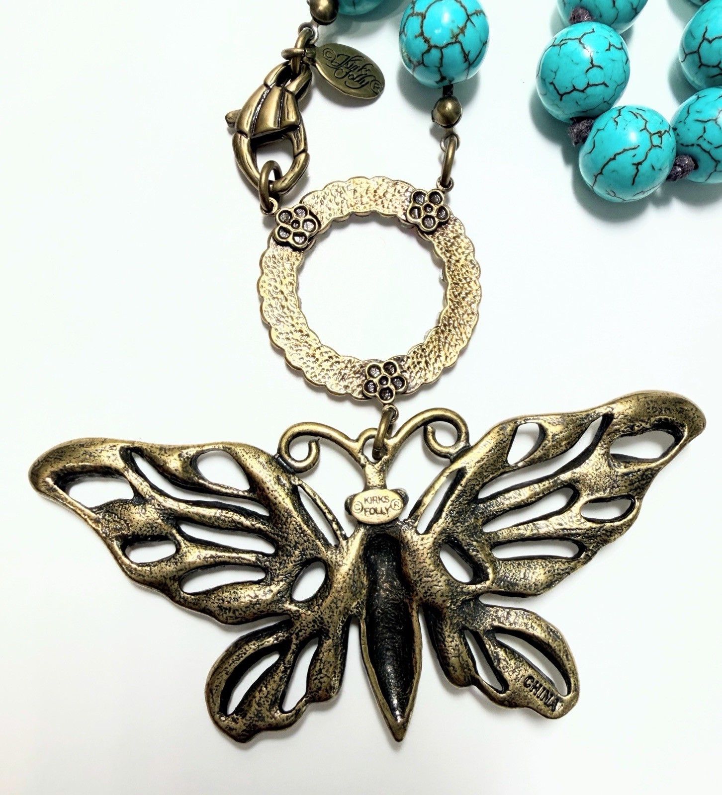 Kirks Folly Wings Of Love Necklace Turq. Colored Beads AB Rhinestones Butterfly