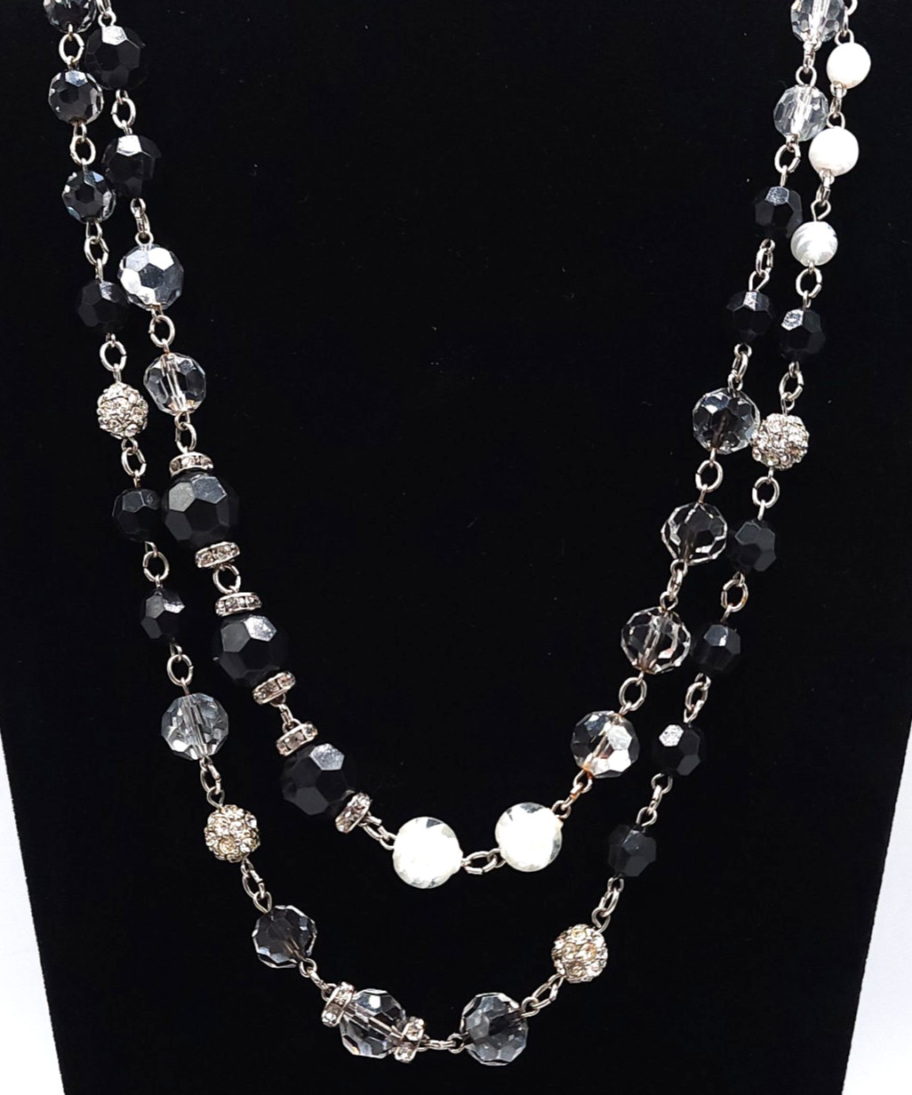 Black White Clear Beaded Necklace Double Strand Crystal Rhinestone 21in