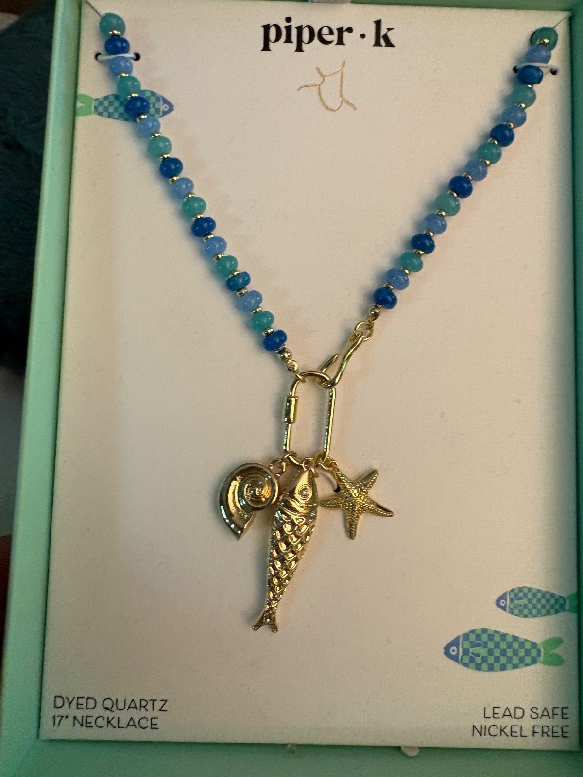 Piper K Beach Theme Necklace W Detachable Pendant Star Fish Blue &Gold FREE SHIP