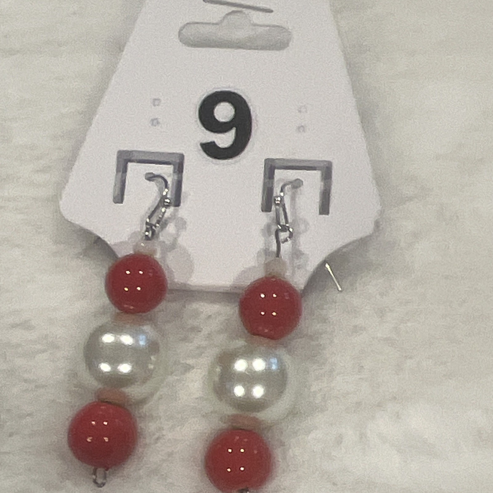 Red White Round Beaded Hook Dangle/Drop Earrings Simulated Pearl for Lobe