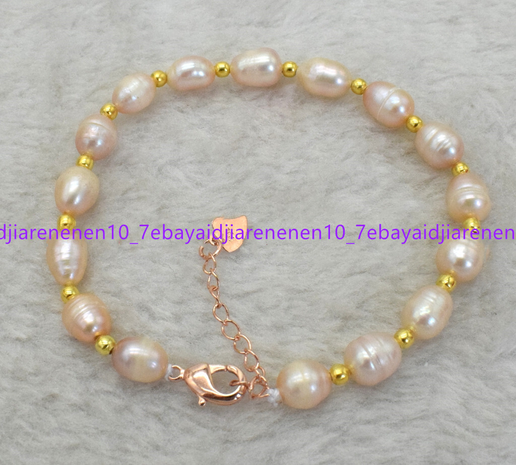 Natural 7-8/8-9/9-10mm White Pink Freshwater Rice Pearl Bracelet 7.5 in
