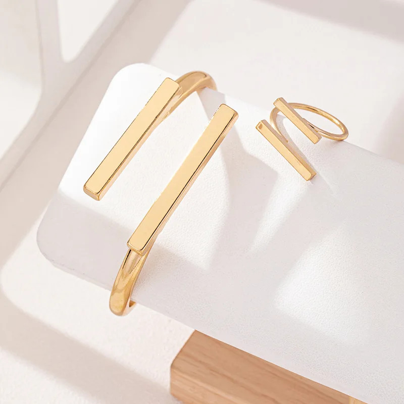 Bracelet Ring Set Geometric Open Stainless Steel Women Accessories Jewelry