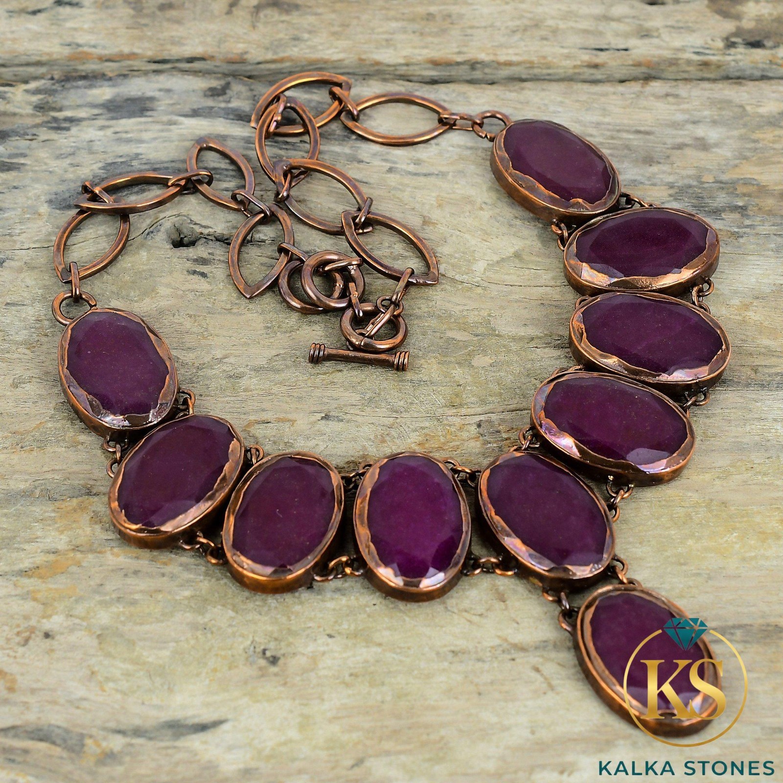 Oval Natural Kashmir Rubi Copper Chain Electroformed Artisan New Bezel Necklace