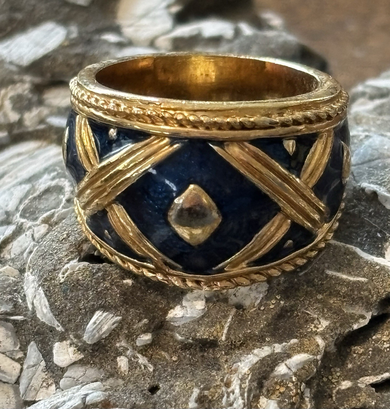 Navy Enamel Gold Tone Wide Dome Ring Size 7