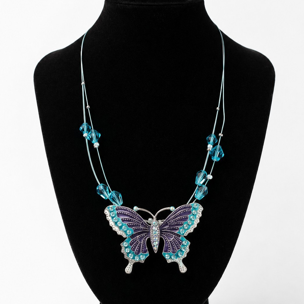 Vintage Silver Tone Blue Butterfly Pendant Necklace Wire Strand Beaded Rhineston