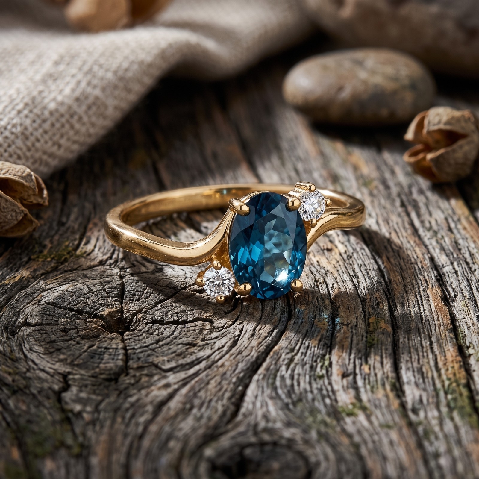 Natural London Blue Topaz Cluster Ring, 14k Yellow Gold Dainty Minimal Band Ring