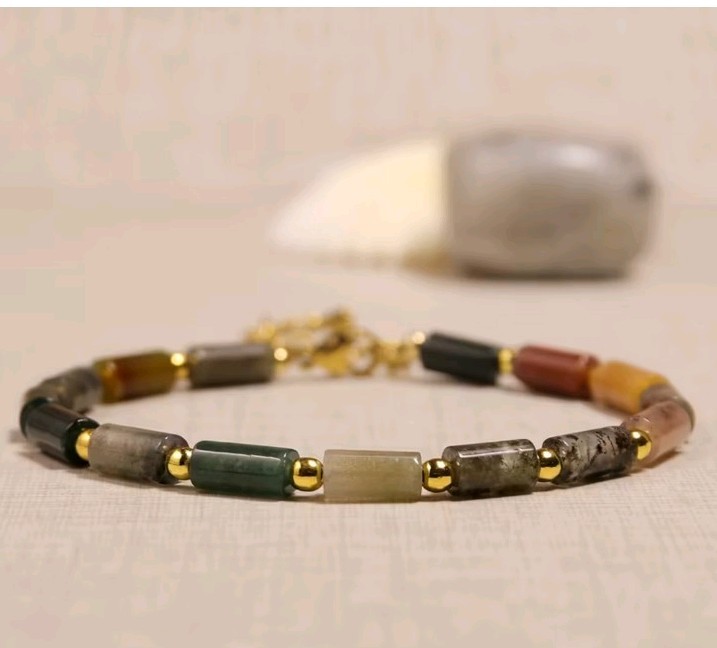Multi Gemstone Indian Agate Unisex Bracelet In Golden Stainless Steel 7-8.5inc