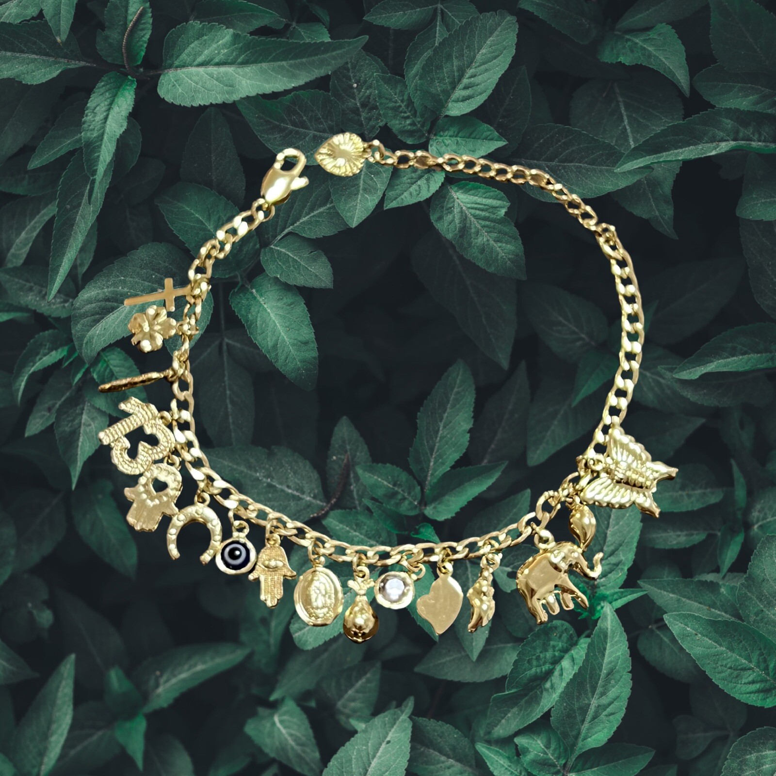 Lucky Charm Bracelet 7” Adjustable, Gold Filled Italian Horn,Butterfly,Elephant