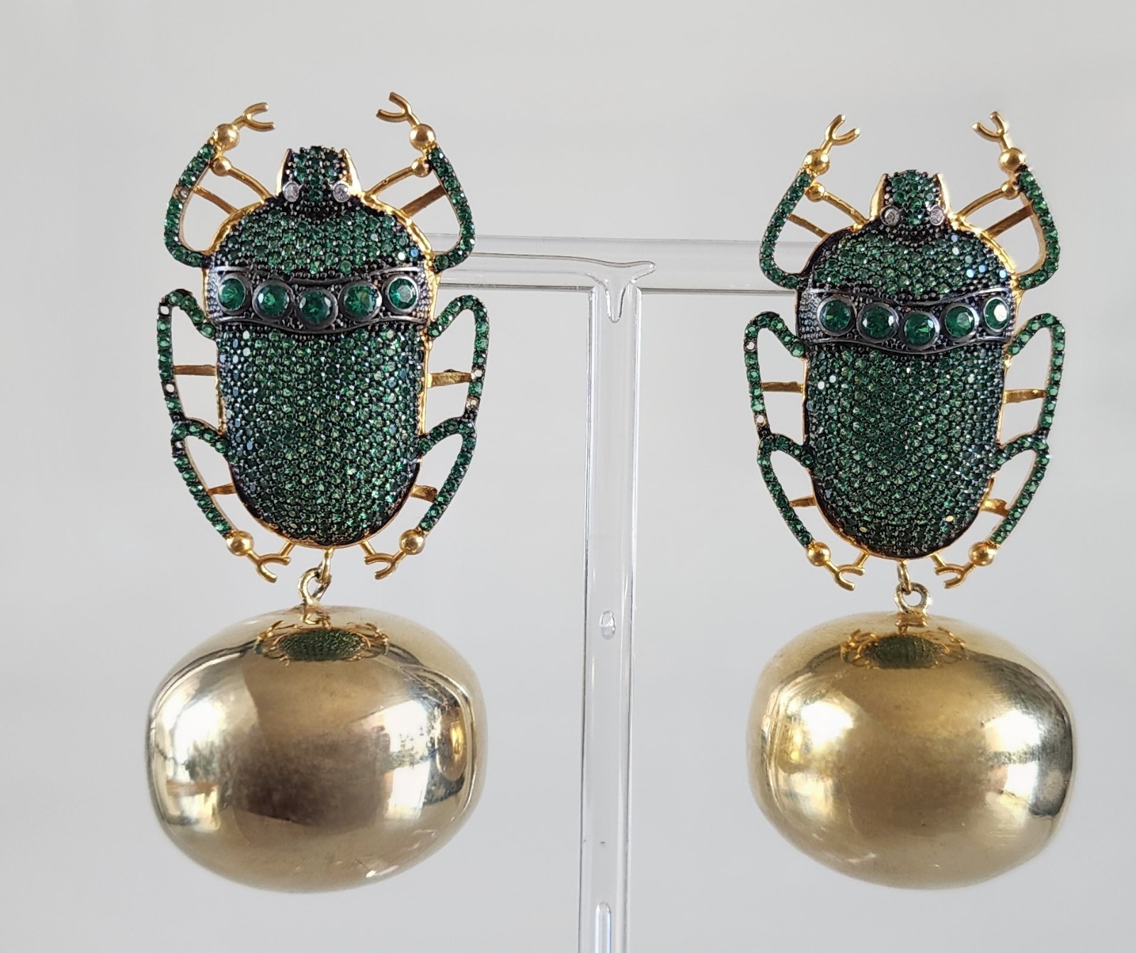Oversized Beetle Earrings Gold Plated & Pave Simulated Emerald Begum Khan Style