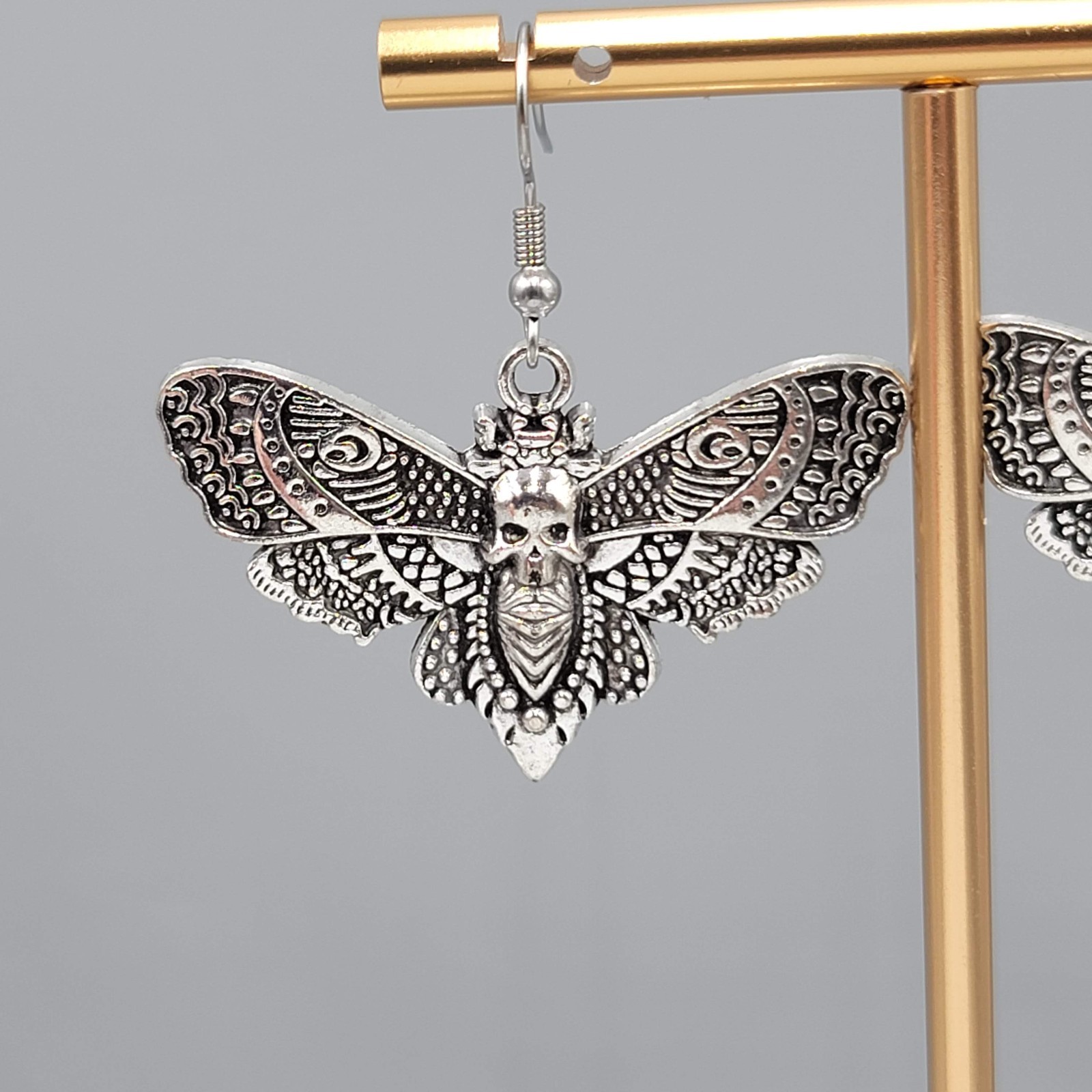 Moth Silver tone Embossed Pierced Earrings Dangle Goth Rock Punk 1 5/8″ x 1 in