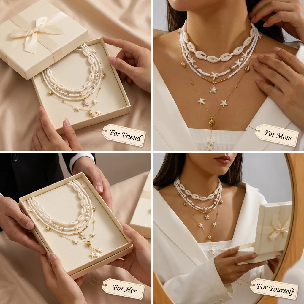 Bohemian Elegant Multilayer Sea Shell Rice Beads Necklace For Women Starfish Pen