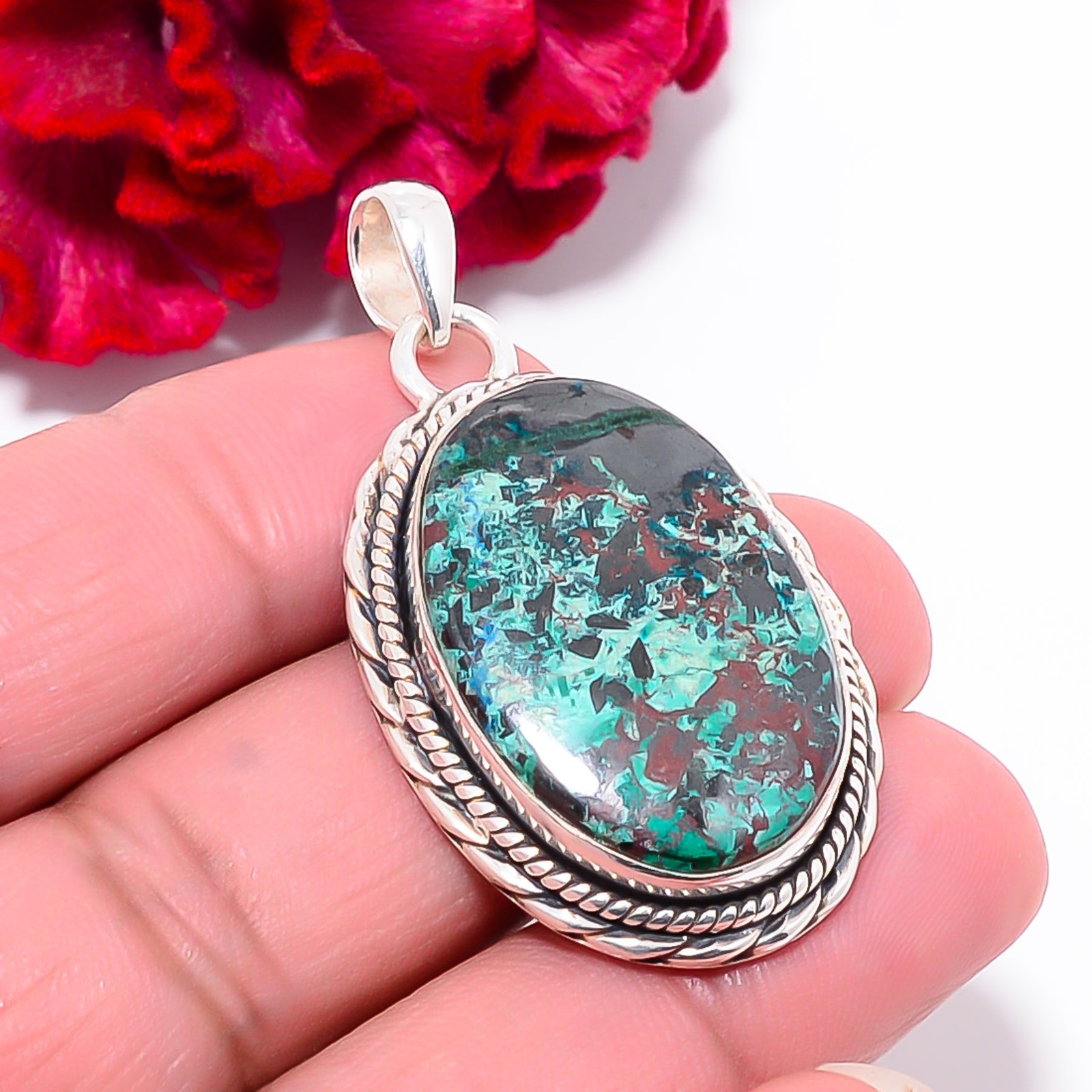 Chrysocolla – Madagascar Gemstone 925 Sterling Silver Pendant 1.95″ P101938