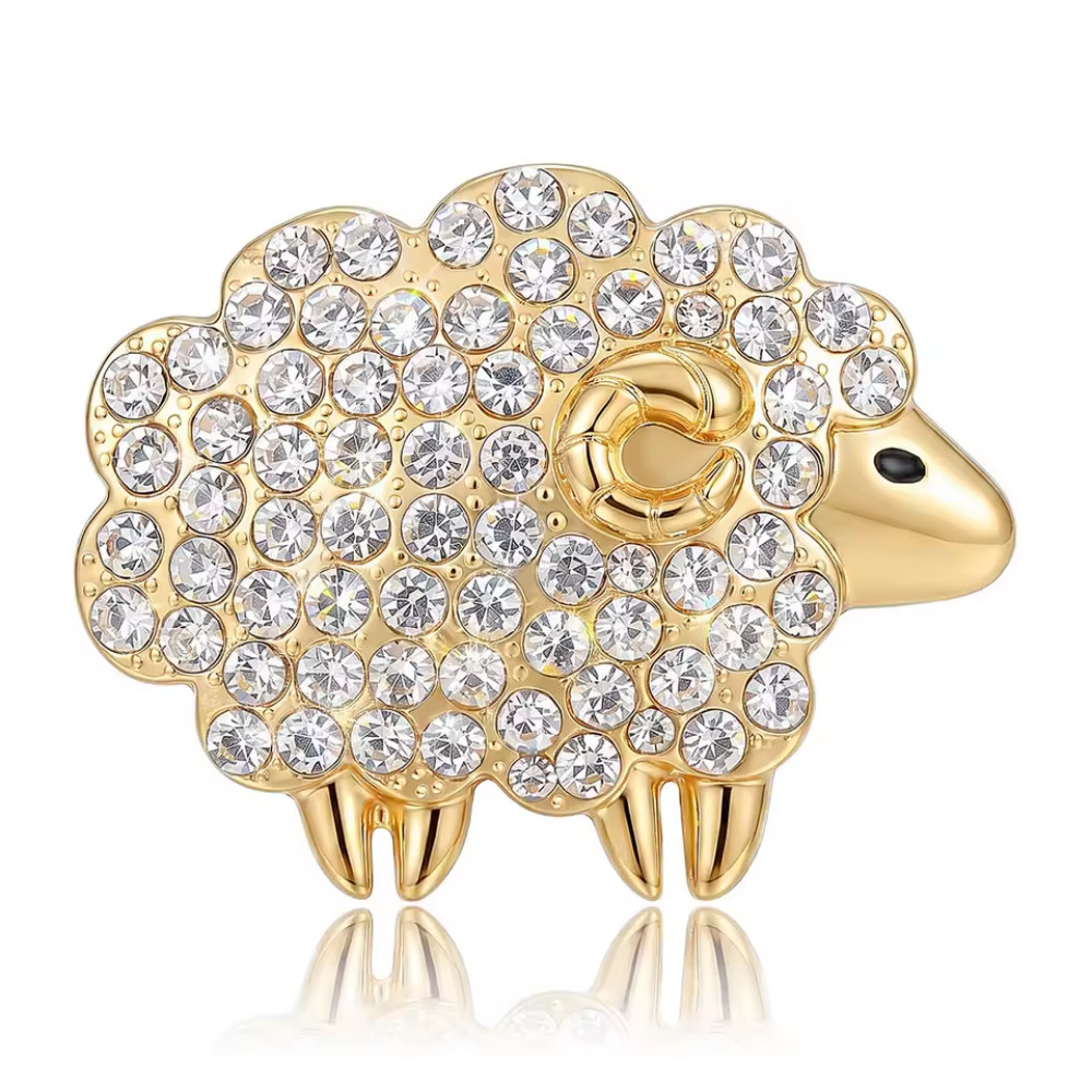 Vintage Crystal Sheep Brooch Pin Gold Tone Rhinestone Goat Animal Jewelry Gift