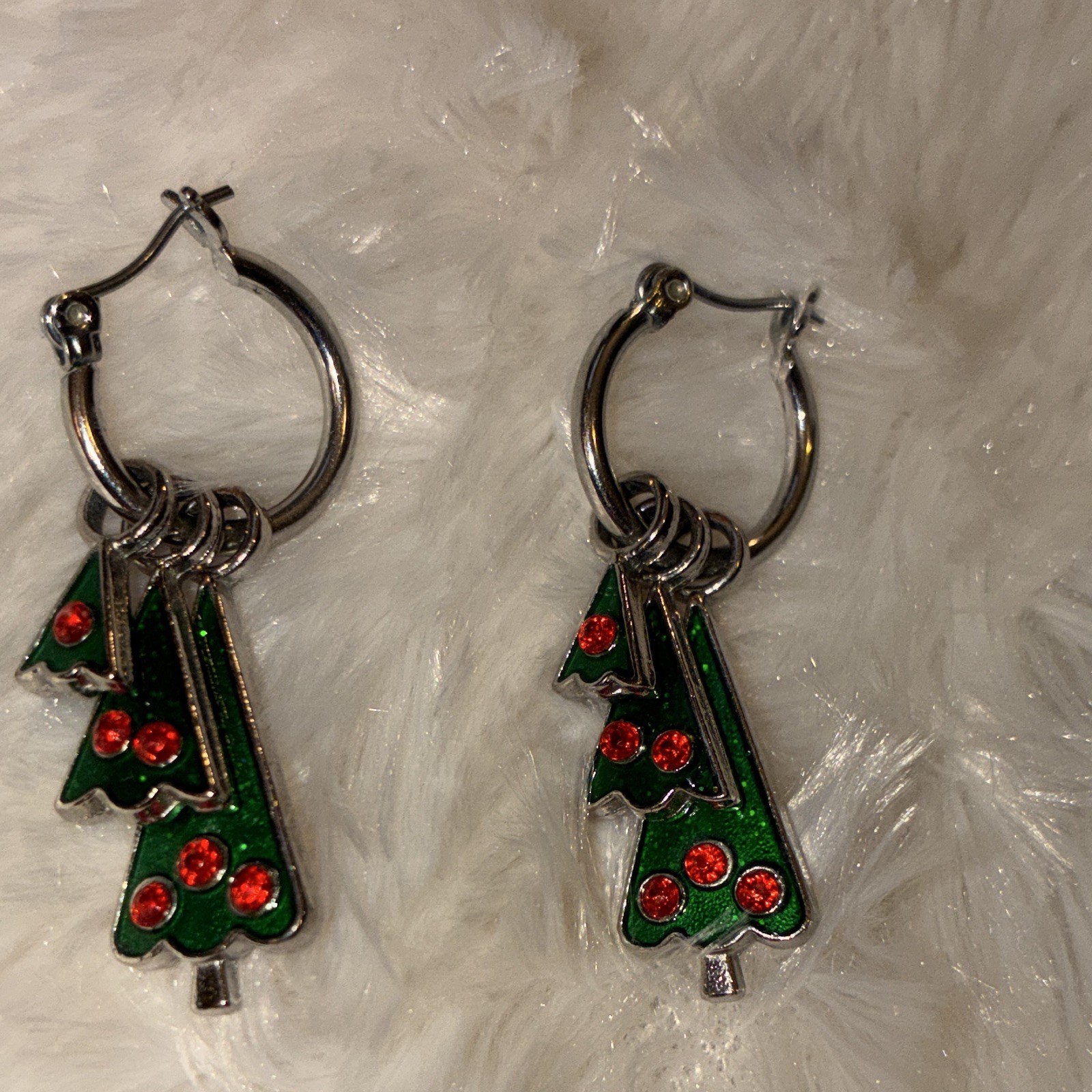 Silver Tone Hoop Dangle Earrings Enamel Christmas Tree Charm Green Red