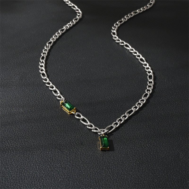 Silver Stainless Steel Figaro Chain Necklace Rectangle Green Zirconia Jewelry
