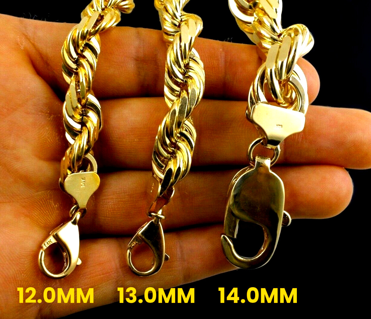 14K Yellow Gold Solid Rope Chain Necklace Diamond Cut Real Gold 1mm-12mm 16″-30″