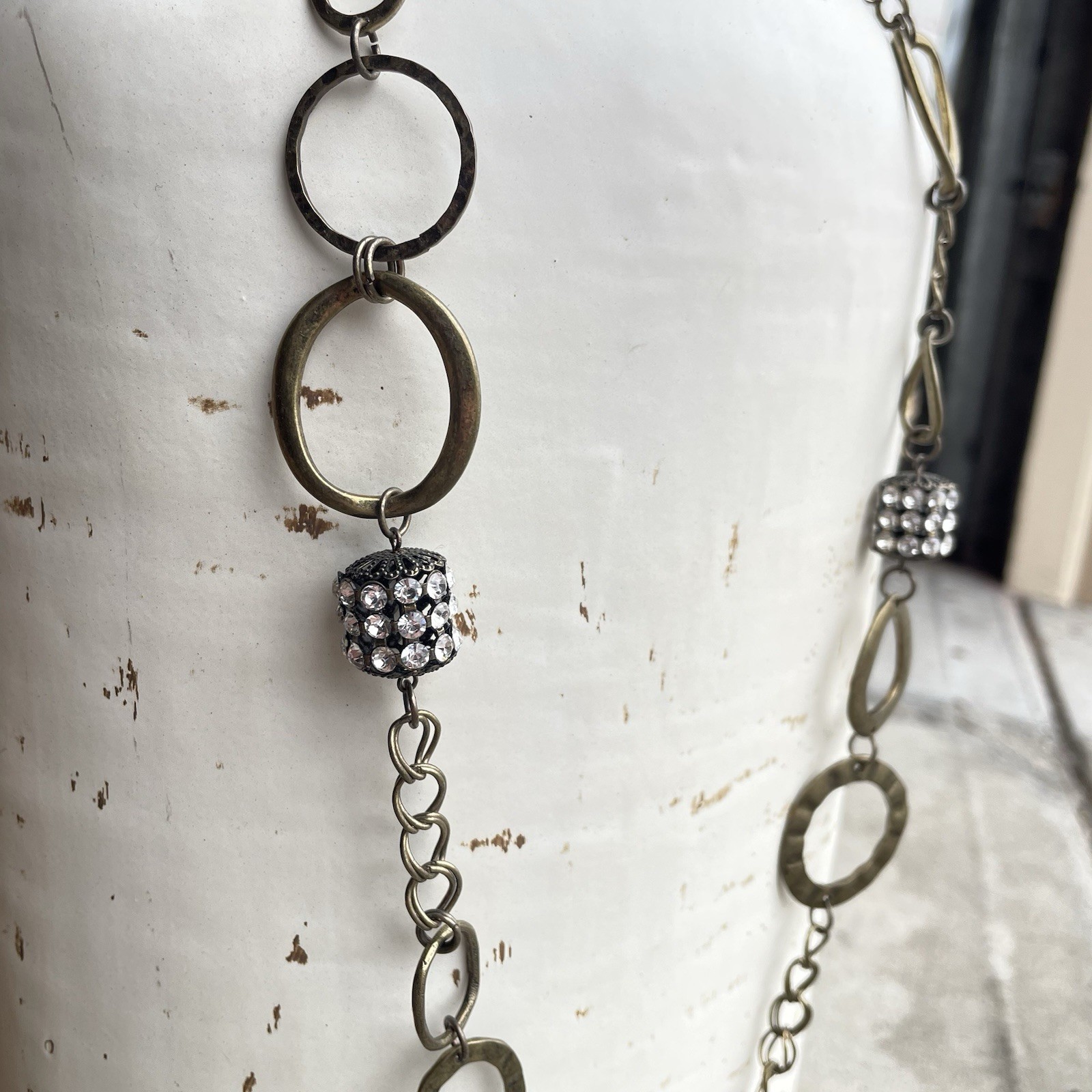 Lia Sophia IMPROV Mixed Metal Long Circle Link Chain Necklace Rhinestone 43″