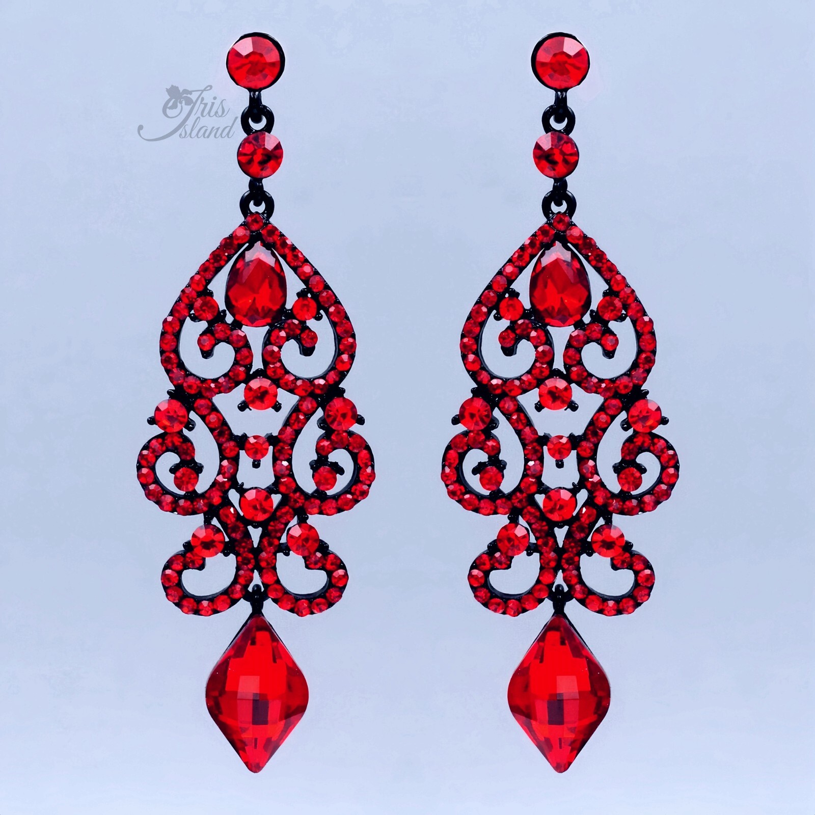 Red Chandelier Dangle Earrings Drop Crystal Rhinestone Art Deco Black Metal 939
