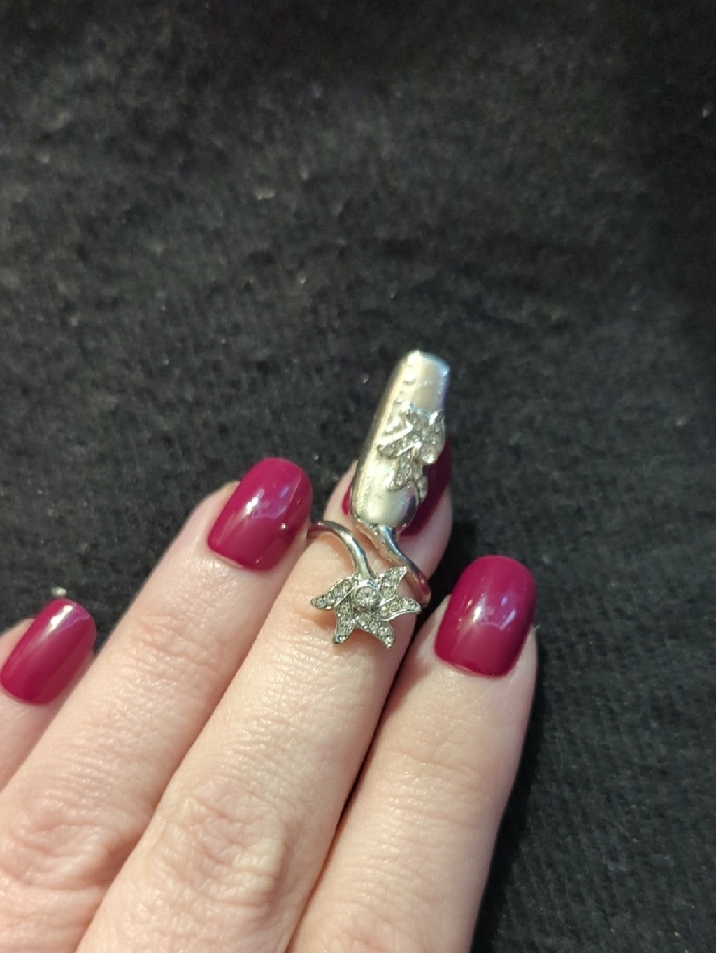 Silver Tone Clear Rhinestone Star Flower Open Fingernail Nail Tip Statement Ring