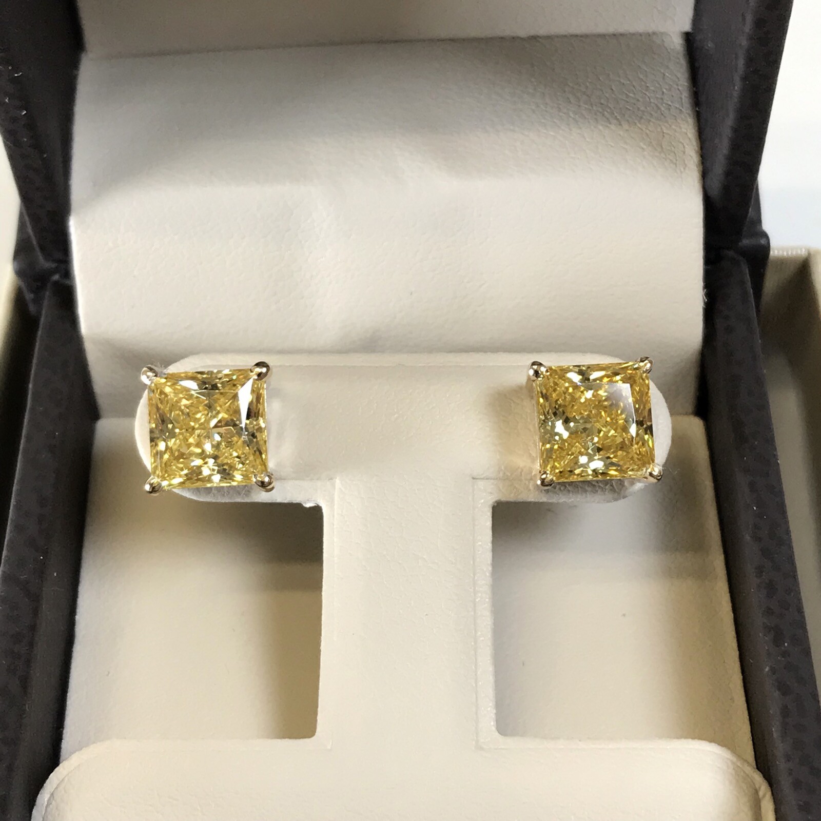 6 Ct Studs Diamond Earrings Princess Fancy Canary Yellow Man Made 14k Solid Gold