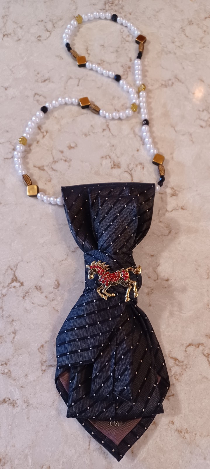 Handcrafted Necktie Necklace Red Rhinestone Horse Brooch
