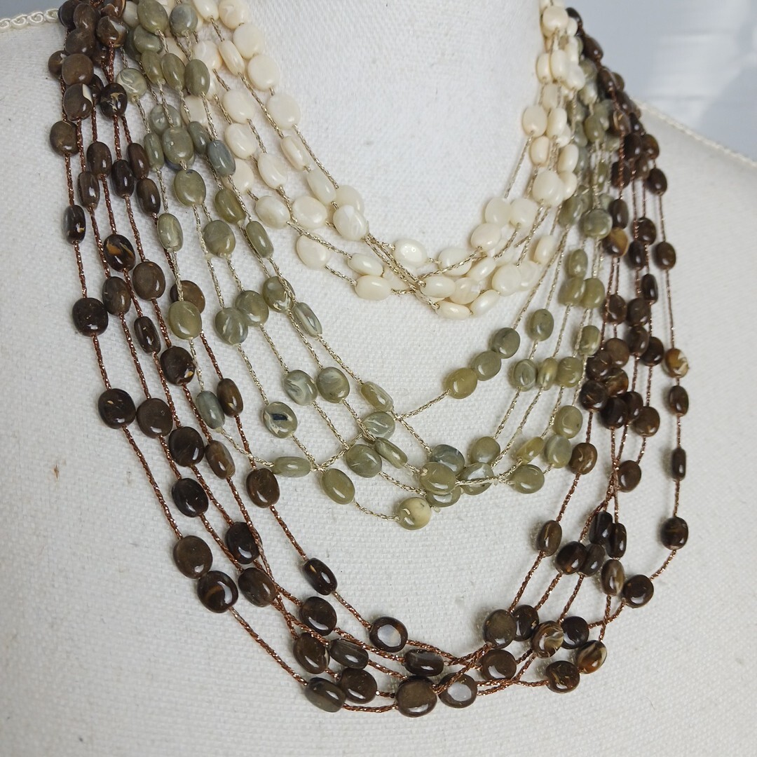Layered Statement Necklace Multi Ivory Green Earth Tone Beaded Boho Wear To Work