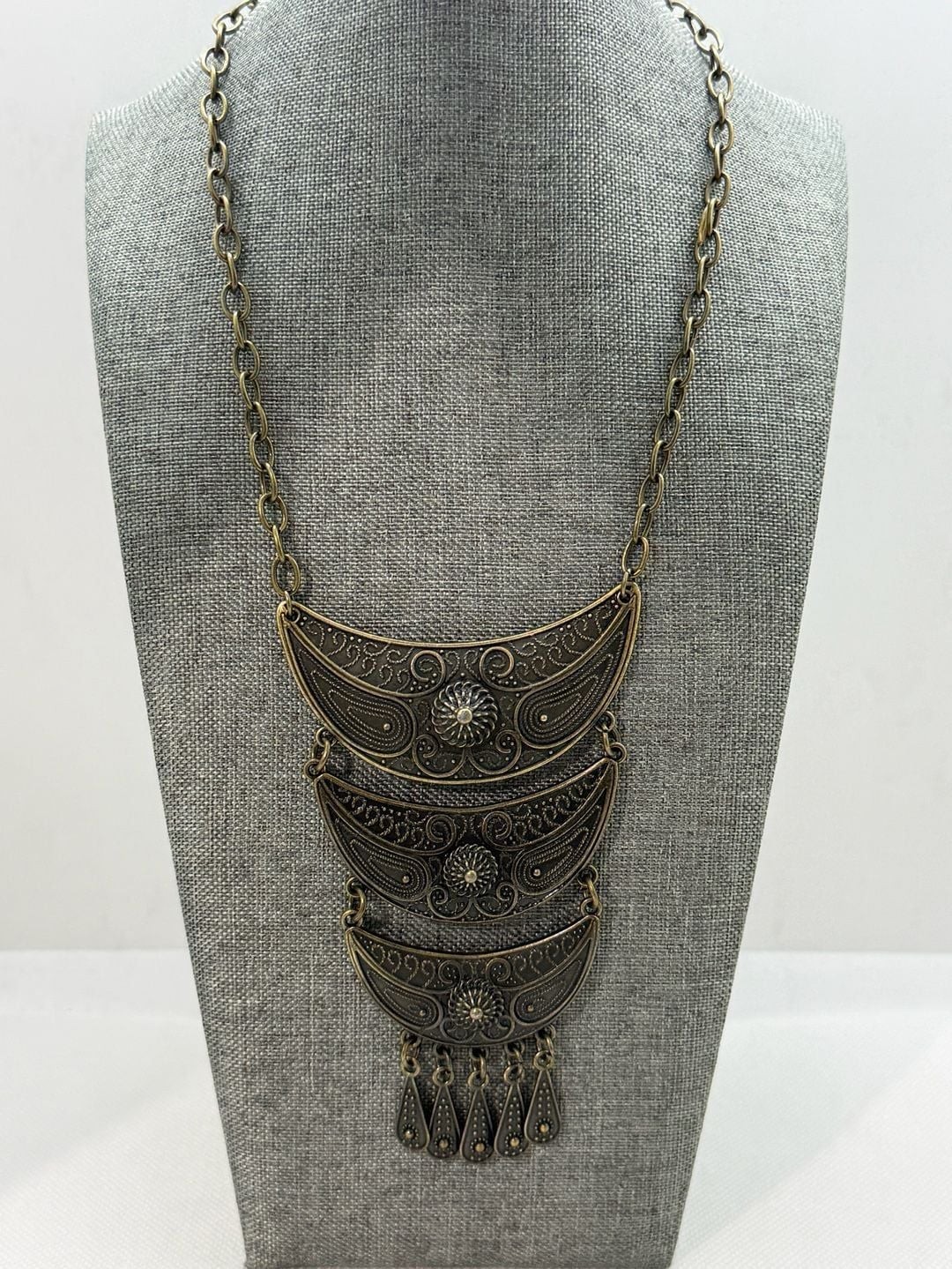 Boho Statement Necklace With Tiered Crescent Design & Dangling Charms