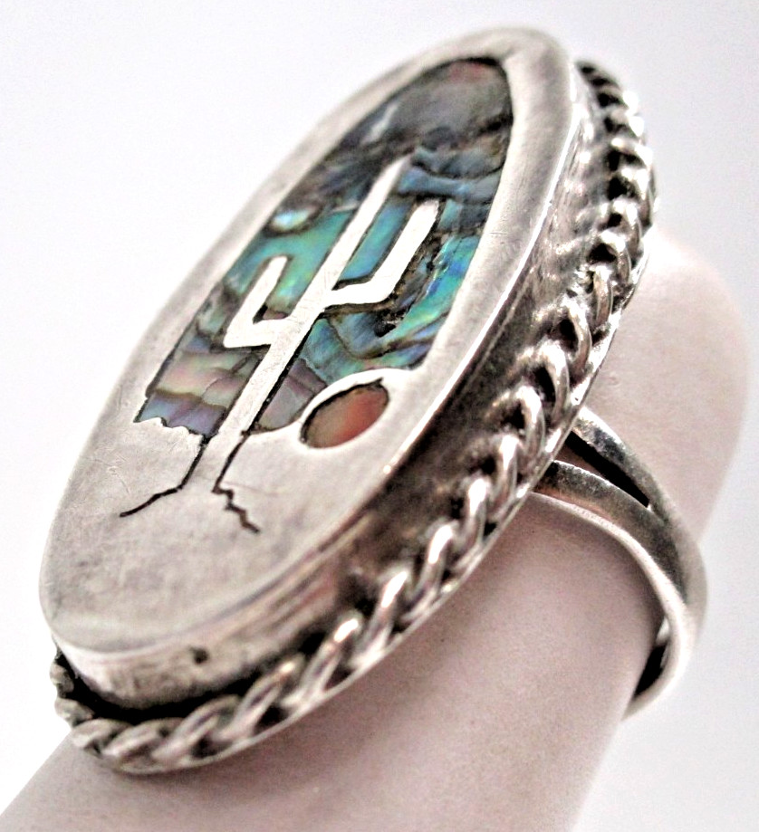 1970 Vintage Sterling Silver Hopi Zuni Inlaid Abalone Sunset Cactus Ring