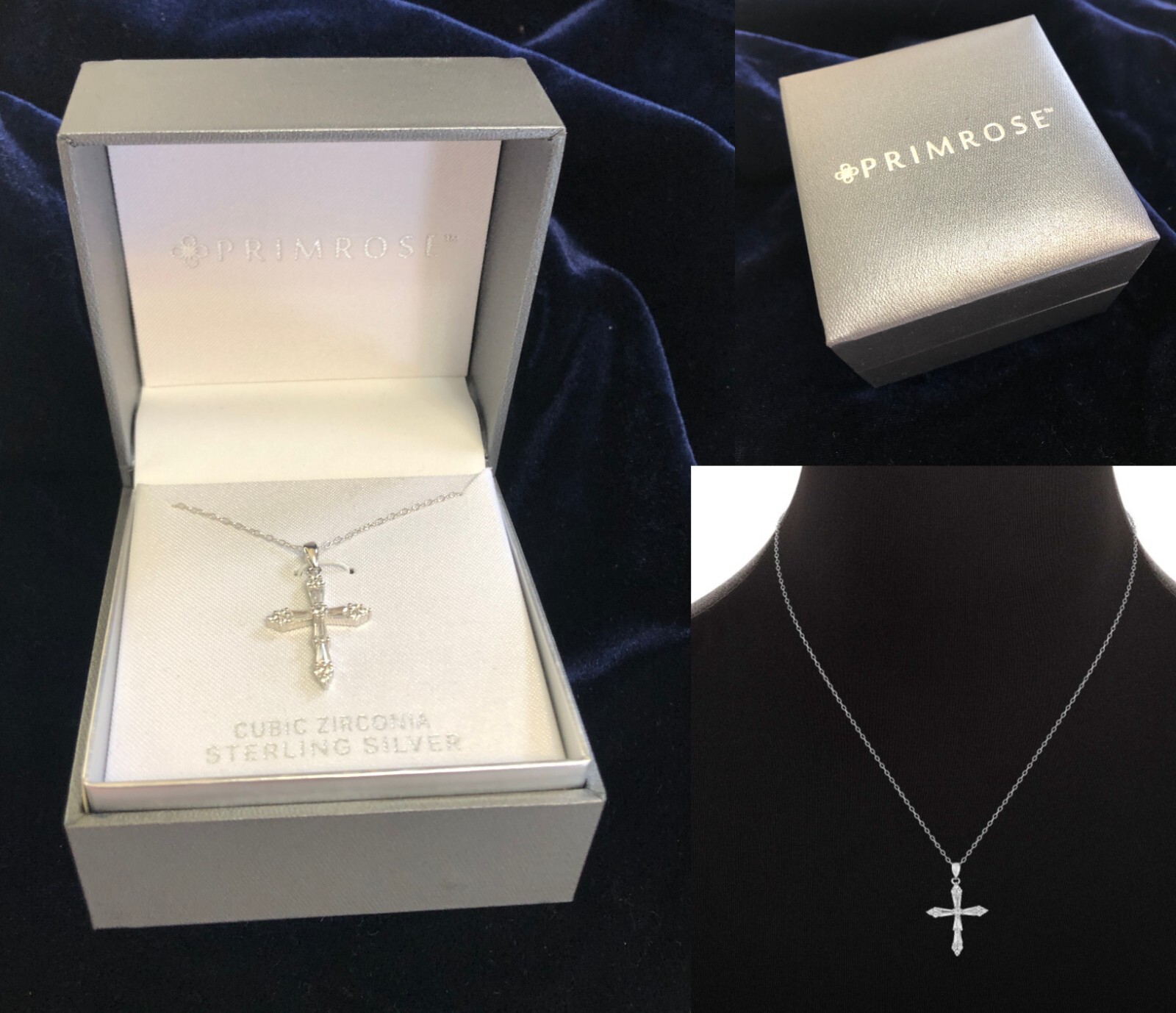 NEW Primrose Sterling Silver Religious Cross CZ Necklace Chain 18″ NIB