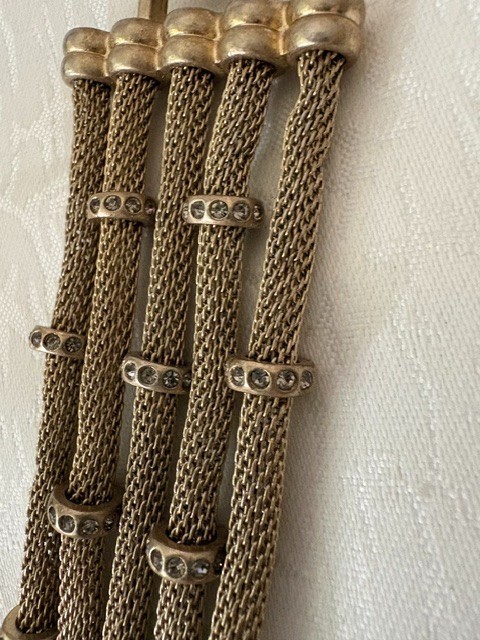 Lia Sophia 5‑Row Mesh Bracelet • Crystal Rondelles • Champagne Mixed Metal 6.5″