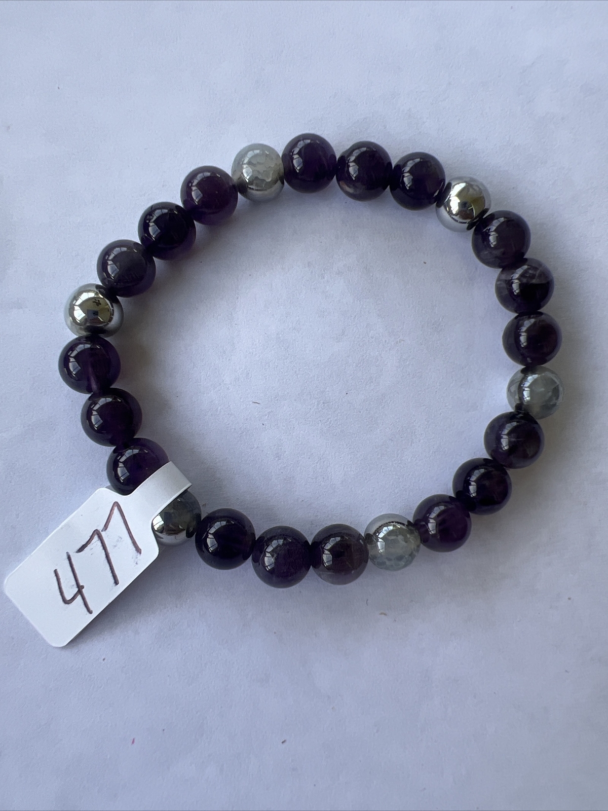 Purple, Gray, & Silver Bead Bracelet, Natural Healing Stones, 7.25in, Fashion