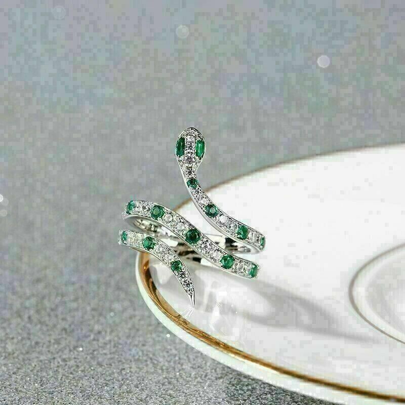 2 Ct Round Simulated Emerald & Diamond Band Snake Ring In 14K White Gold Plated