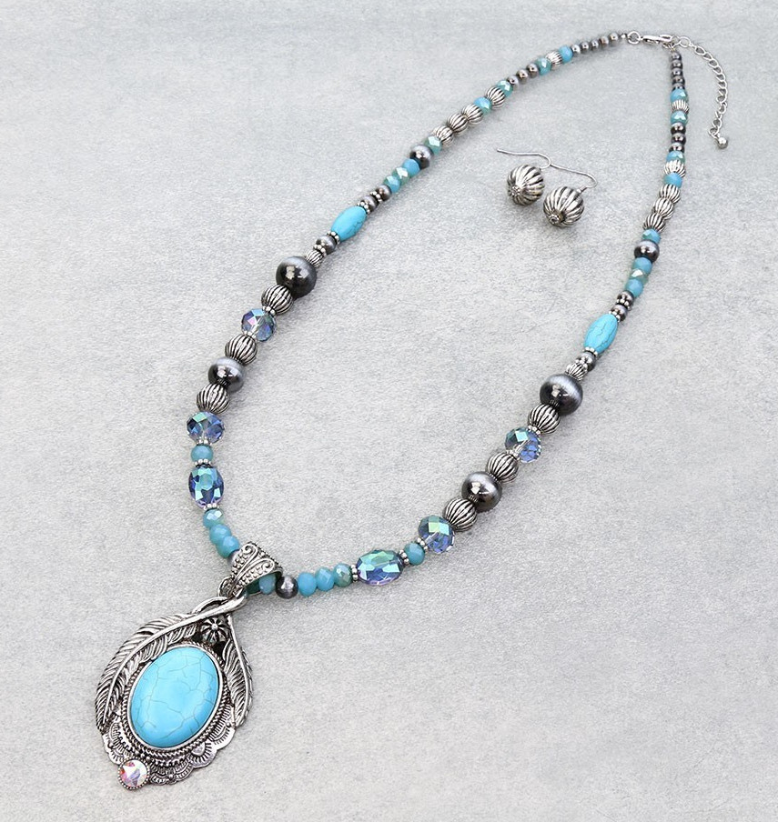 Turquoise Oval Bezel Pendant Beaded Necklace Crystal Accents Silver Plated