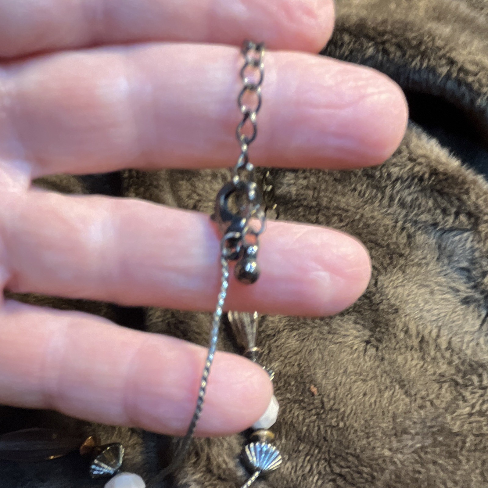 Glass Heart Charm Pendant Necklace Brown/Gold Stone Silver Link Chain Adjustable