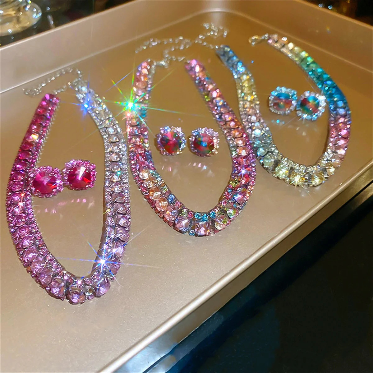 Luxury Crystal Necklace Earrings Set Pink Purple colourful Necklace