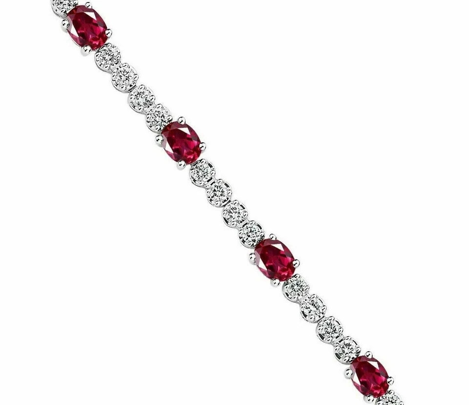 10 Ct Oval Cut Simulated Ruby 925 White Sterling Silver Stunning Tennis Bracelet