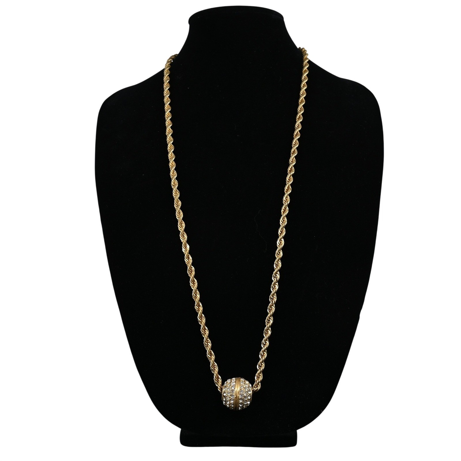 Vintage 18KGP Gold Plated Rope Chain Necklace Crystal Pave Ball Slider Pendant