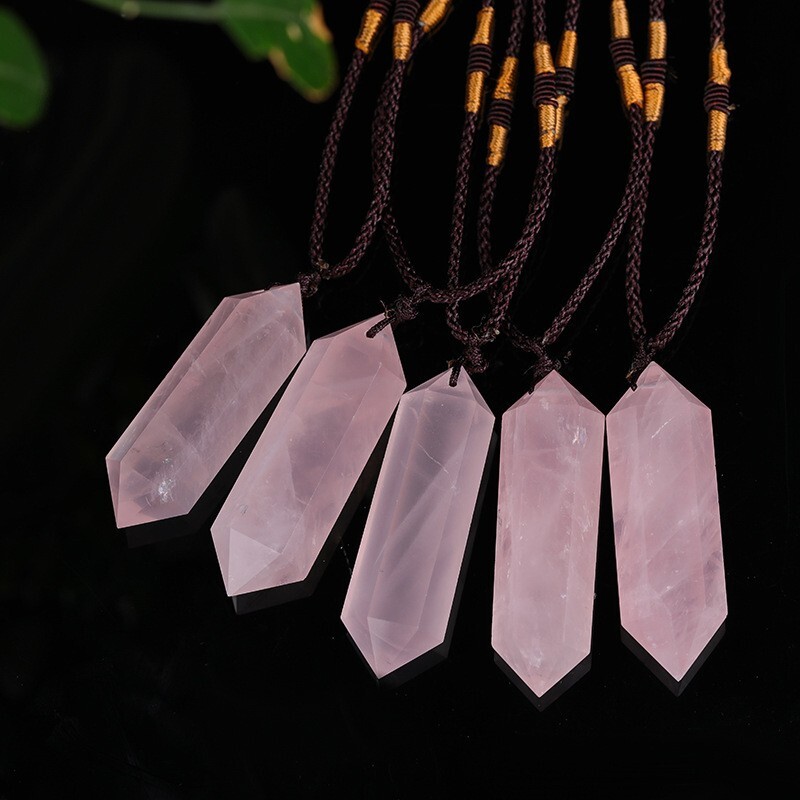 Rose Quartz Crystal Hexagonal Point Pendant Healing Amulet Women Ladies Necklace