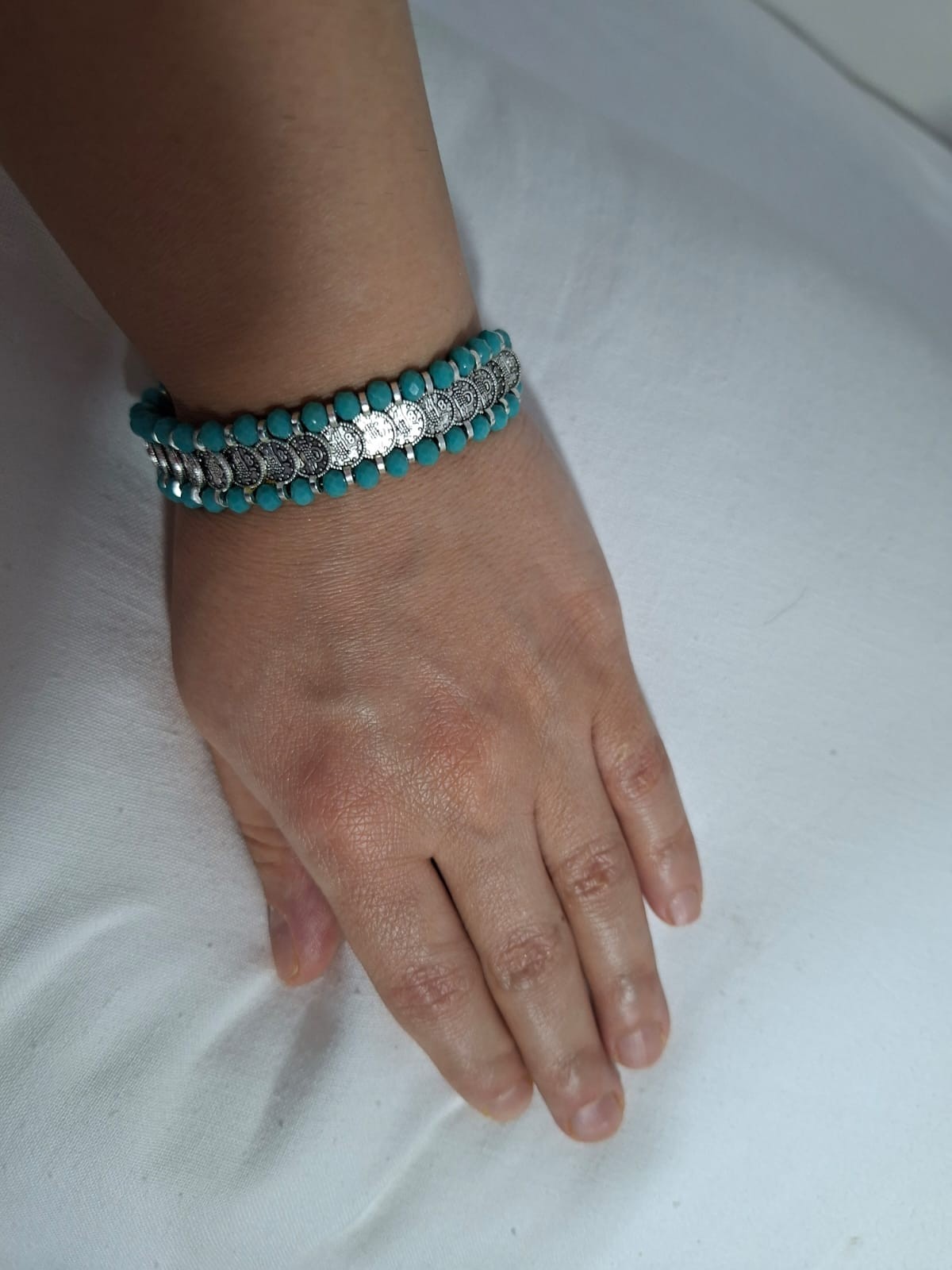 Handmade Ma’an Stone Turquoise Bracelet Silver Tone Adjustable Jewelry Gift