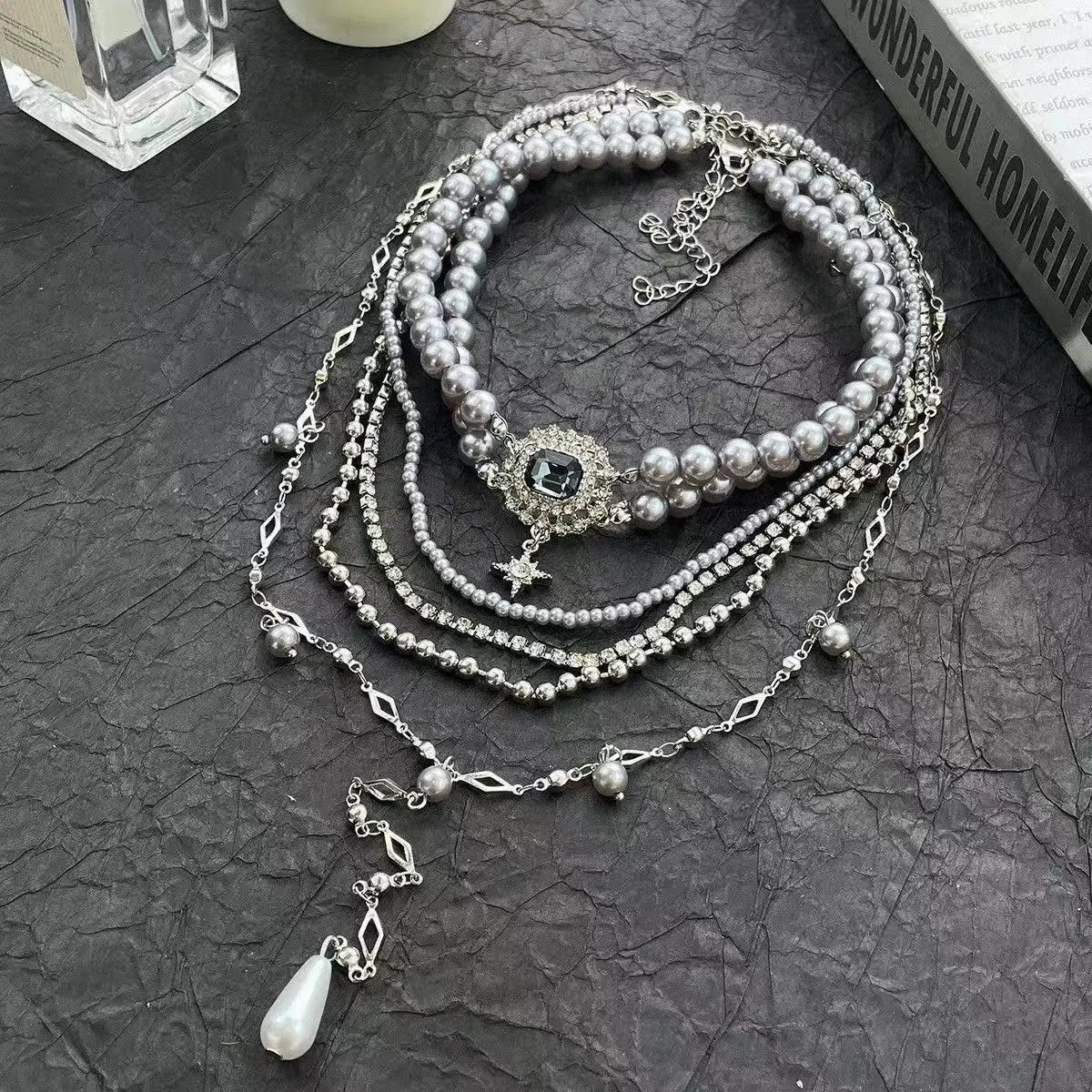 Heavy-duty Gothic layered beaded clavicle chain tassel necklace