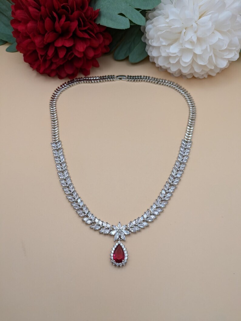 21 Ct Pear Simulated Ruby Women’s Gorgeous Tennis Necklace 14k White Gold Plated