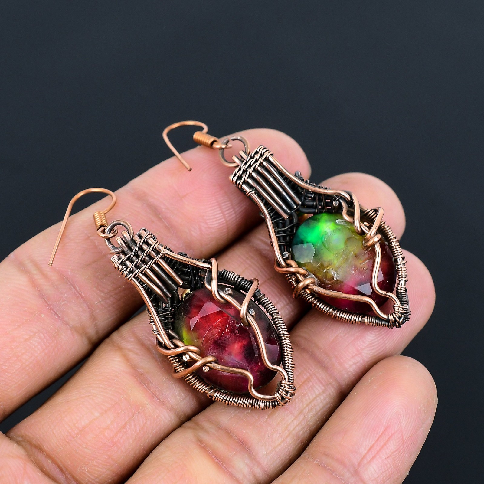 Ammolite Gemstones Handmade Copper Wire Wrapped Beautiful Earrings Jewelry